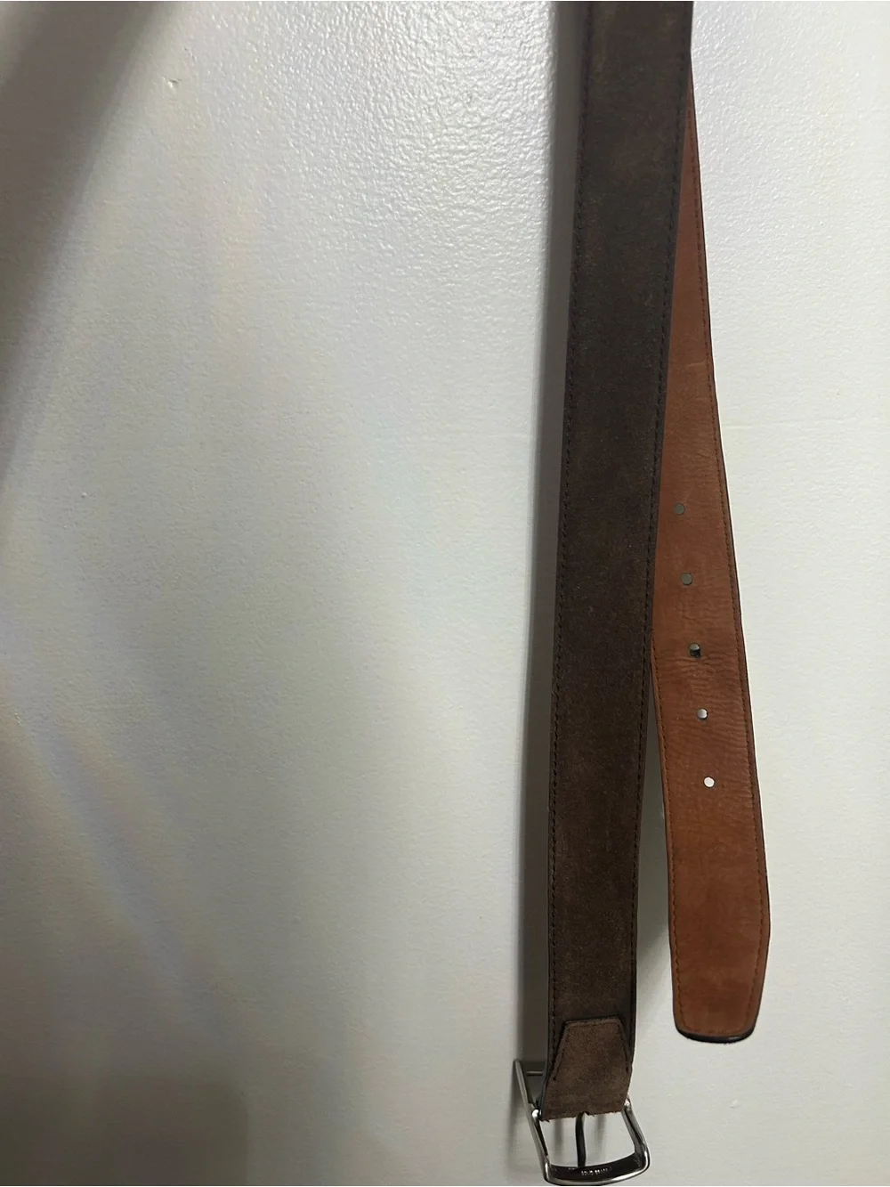 Cole Haan Brown Suede Leather Belt Size 38 Brass Buckle Silver Finish